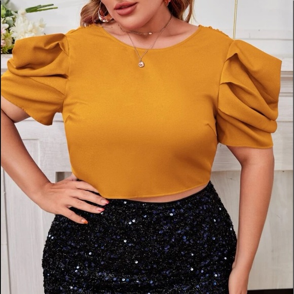 Plus Size Crop Backless Open Back Backless Puff Sleeve Self Tie Top Blouse Shirt - Picture 7 of 10